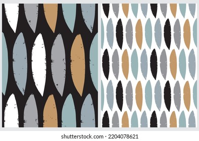 Simple Hand Drawn Irregular Geometric Seamless Vector Patterns. Blue, Gold and Gray Irregular Shape Stains of Lens Shape on a Black and White Background. Infantile Style Abstract Print.