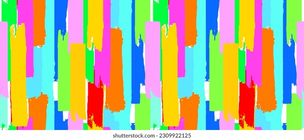 Simple Hand Drawn Irregular Geometric Seamless Vector Pattern. Colorful Brush Stripes Isolated on a White Background. Abstract Repeatable Multicolor Print with Grunge Lines. Vibrant RGB Colors.