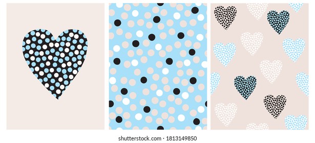 Simple Hand Drawn Irregular Hearts and Dots Vector Patterns and Card. Black, White and Beige Dots on a Blue Background. Valentine Card. Geometric Backdrop. Infantile Style Abstract Dotted Print.