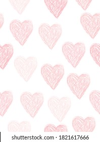 Simple Hand Drawn Irregular Hearts Vector Pattern. Pastel Pink Sketched Hearts Isolated on a White Background. Infantile Style Valentine Print.