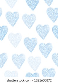 Simple Hand Drawn Irregular Hearts Vector Pattern. Pastel Blue Sketched Hearts Isolated on a White Background. Infantile Style Valentine Print.