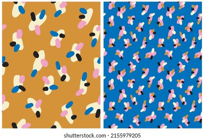 Simple Hand Drawn Irregular Spots Vector Patterns. Freehand Brush Scribbles on a Blue and Orange Background. Infantile Style Abstract Doodle Vector Print Ideal for Fabric, Textile.