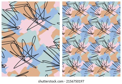 Simple Hand Drawn Irregular Spots Vector Patterns. Pink, Black and Brown Freehand Brush Scribbles on a Blue Background. Infantile Style Abstract Doodle Vector Print Ideal for Fabric, Textile.