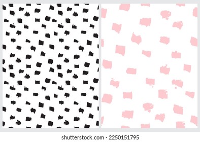 Modalidades de vectores de puntos irregulares dibujadas a mano simple. El pincel rosado negro y pastel se ve en un fondo blanco. Impresión geométrica reproducible desordenada ideal para la tela. Diseño de Doodle Resumen de Estilo Infantil.