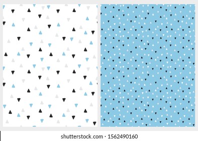 Simple Hand Drawn Irregular Triangles Vector Patterns. Blue, Gray and Black Triangles on a White Background. White, Black and Gray Elements on a Blue Layout. Infantile Style Abstract Geometric Print.
