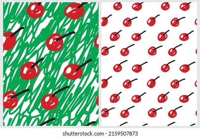 Simple Hand Drawn Irregular Vector Patterns with Freehand Brush Red Cherries on a Green and White Background. Infantile Style Abstract Fruit Vector Print Ideal for Fabric, Textile. Cool Pattern.