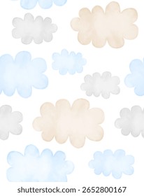 Padrão de vetor irregular desenhado à mão simples com nuvens azuis, cinzas e beges sobre um fundo branco. Chuveiro De Bebê Delicado Impressão Sem Fim Para Baby Boy. Papel de parede com nuvens fofas. Cores de Pastel RGB.
