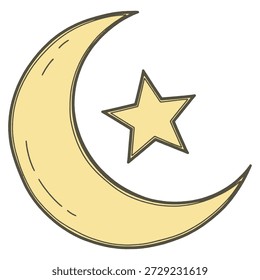 Simple hand drawn islamic crescent moon and star sketch illustration