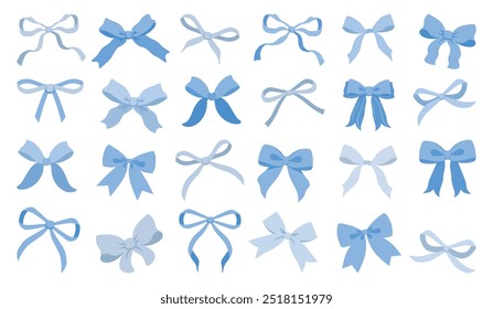 Simple hand drawn light and navy blue ribbon bow collection. Bowknot for decoration, big set of bowtie. Large retro handdrawn ribbon illustration set. Set of various cartoon bow knots, gift ribbons