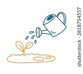 A simple hand drawn line art icon showing a blue watering can pouring water onto a small orange sprout in the soil