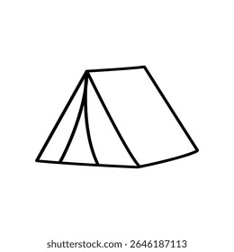 A simple, hand drawn line art illustration shows a camping tent. It is a vector icon used for representing outdoor activities and camping trips