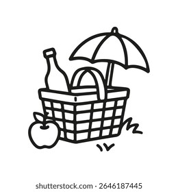A simple, hand drawn line art doodle shows a picnic basket containing a wine bottle and umbrella. An apple sits beside the basket on the grass