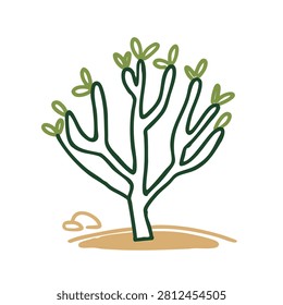 A simple hand drawn line art illustration of a small desert plant with green leaves on a sandy ground surface
