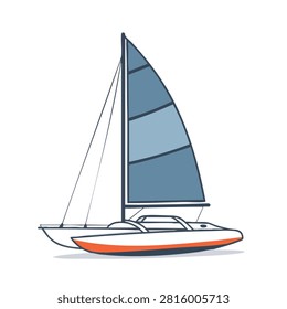 A simple hand drawn line art style illustration of a modern catamaran sailboat with blue sails and an orange hull isolated on white background