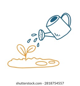 A simple hand drawn line art icon showing a blue watering can pouring water onto a small orange sprout in the soil