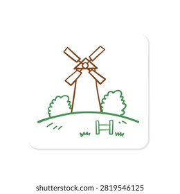A simple hand drawn line art style icon featuring a traditional windmill situated on a small grassy hill with surrounding bushes and a fence.