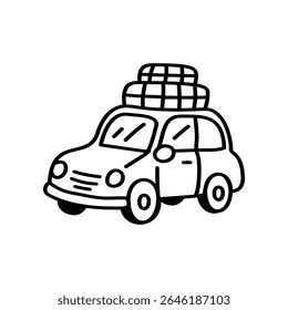 A simple, hand drawn line drawing of a small car with luggage strapped to the roof rack is ready for a fun Summer vacation or adventures during a Road Trip