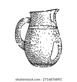 Simple hand drawn line illustration depicting a classic glass jug filled with a serving of refreshing liquid, ideal for dairy, kitchen, or breakfast themes