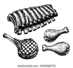 Einfache handgezeichnete Linie aus Tomahawk-Steak, gegrillte Rippen und Hühnerbeine auf weißem isoliertem Hintergrund. Vektorillustration in EPS 10. Gestaltungselement für Menü, Rezept, Markt und Kochbuch 