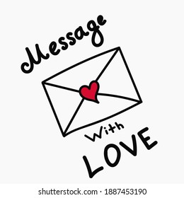 Simple dibujo a mano adorable diseño vector sobre con corazón rojo y contornos negros, tarjeta postal de San Valentín de vacaciones.