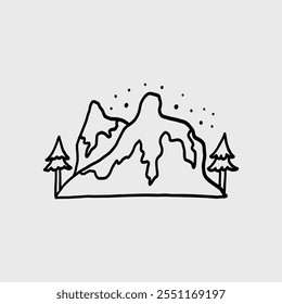 Simple paisaje de montaña dibujado a mano con árboles y estrellas. Vector dibujado a mano ilustración en estilo a mano alzada