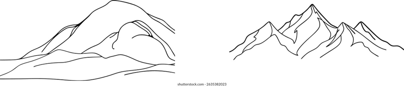 Simple hand drawn mountain range illustrations in black and white for creative designs
