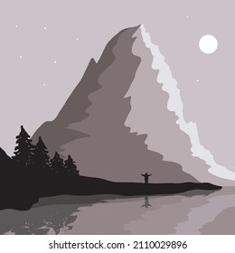 Simple Hand Drawn Mountains View Print with Night Sky, Moon, Forest and Lake. Abstract Modern Mountainside Vector Illustration ideal for Wall Art, Poster, Card. Landscape With Man and Nature. 