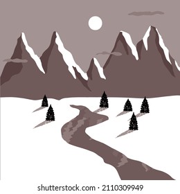  Simple Hand Drawn Mountains View Print with Clear Sky, Moon, Forest and River. Abstract Modern Mountainside Vector Illustration ideal for Wall Art, Poster, Card. Winter Landscape With Mountains.