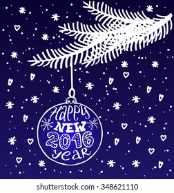 Simple hand drawn new year card with fir branches and christmas ball. Snowflakes and hearts on dark blue background. 