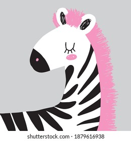 Simple Hand Drawn Nursery Art with Cute Zebra. Safari Party Vector Illustration. Dreamy Zebra Isolated on a Light Gray Background. Infantile style Safari Party Printable Decoration ideal for Card.