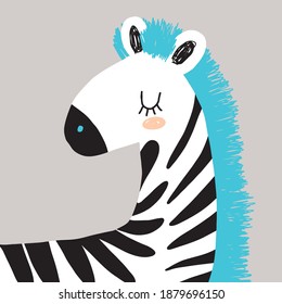 Simple Hand Drawn Nursery Art with Cute Zebra. Safari Party Vector Illustration. Dreamy Zebra Isolated on a Light Warm Gray Background.