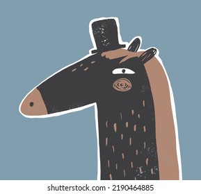 Simple Hand Drawn Nursery Vector Illustration with Black Horse in Top Hat Isolated on a Pale Blue Background. Elegant Gentleman Horse Wearing a Black Cylinder. Infantile Style Drawing ideal for Card.