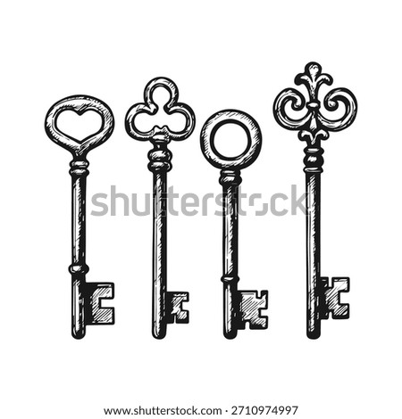 Simple hand drawn old vintage key icon set, engraved illustration.