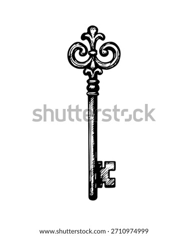 Simple hand drawn old vintage key icon, engraved illustration.