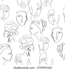 Einfache handgezeichnete Porträtkunst aus einer Linie. Gesichtskunst doodle nahtlose Vektormuster.