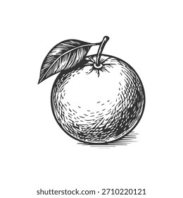 Simple hand drawn orange fruit icon, engraved illustration.