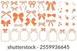 Simple hand drawn orange ribbon bow collection. Bowknot for decoration, big set of bowtie. Large retro ribbon illustration set. Set of various cartoon bow knots, gift ribbons. Frames, bows, sparkles