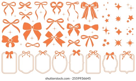 Simple hand drawn orange ribbon bow collection. Bowknot for decoration, big set of bowtie. Large retro ribbon illustration set. Set of various cartoon bow knots, gift ribbons. Frames, bows, sparkles