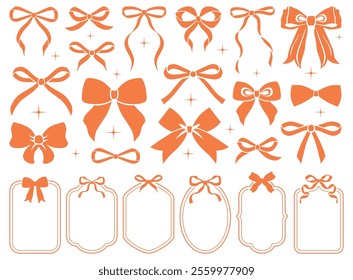 Simple hand drawn orange ribbon bow collection. Bowknot for decoration, big set of bowtie. Large retro ribbon illustration set. Set of various cartoon bow knots, gift ribbons. Frames, bows, sparkles