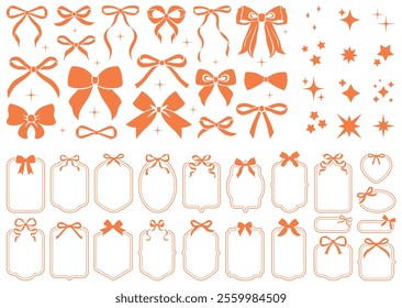 Simple hand drawn orange ribbon bow collection. Bowknot for decoration, big set of bowtie. Large retro ribbon illustration set. Set of various cartoon bow knots, gift ribbons. Frames, bows, sparkles