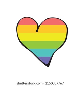 Simple hand drawn outline decorative heart Rainbow Flag colored. Concept Love is love . Pride month, LGBT culture symbol. Bright vector clip art, design element