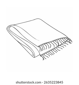 Simple hand drawn outline of a folded blanket with fringe edges on white background