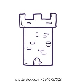 A simple hand drawn outline sketch of a single medieval castle tower with stone texture and battlements