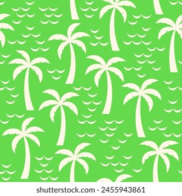 Simple hand drawn palm tree and wave seamless pattern design for summer holidays background.