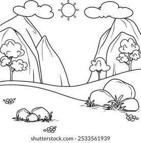 Simples mão desenhada perfeito para as atividades de coloração das crianças. Bonito exterior, cenas de jardim, nuvens, sol e flores