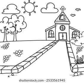 Simples mão desenhada perfeito para as atividades de coloração das crianças. Bonito exterior, cenas de jardim, nuvens, sol e flores
