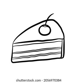 Simple hand drawn piece of cake isolated on white background. Piece of cake with cherries. Doodle style. Vector illustration.