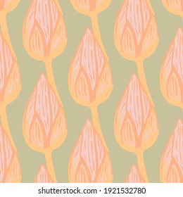 Simple hand drawn pink and orange contoured tulip buds print seamless pattern. Light green olive background. Stock illustration. Vector design for textile, fabric, giftwrap, wallpapers.