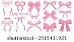 Simple hand drawn pink ribbon bow collection. Bowknot for decoration, big set of pinky bowtie. Large retro hand drawn ribbon illustration set. Set of various cartoon bow knots, gentle gift ribbons