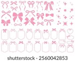 Simple hand drawn pink ribbon bow collection. Bowknot for decoration, big set of bowtie. Large retro ribbon illustration set. Set of various cartoon bow knots, gift ribbons. Frames, bows, sparkles